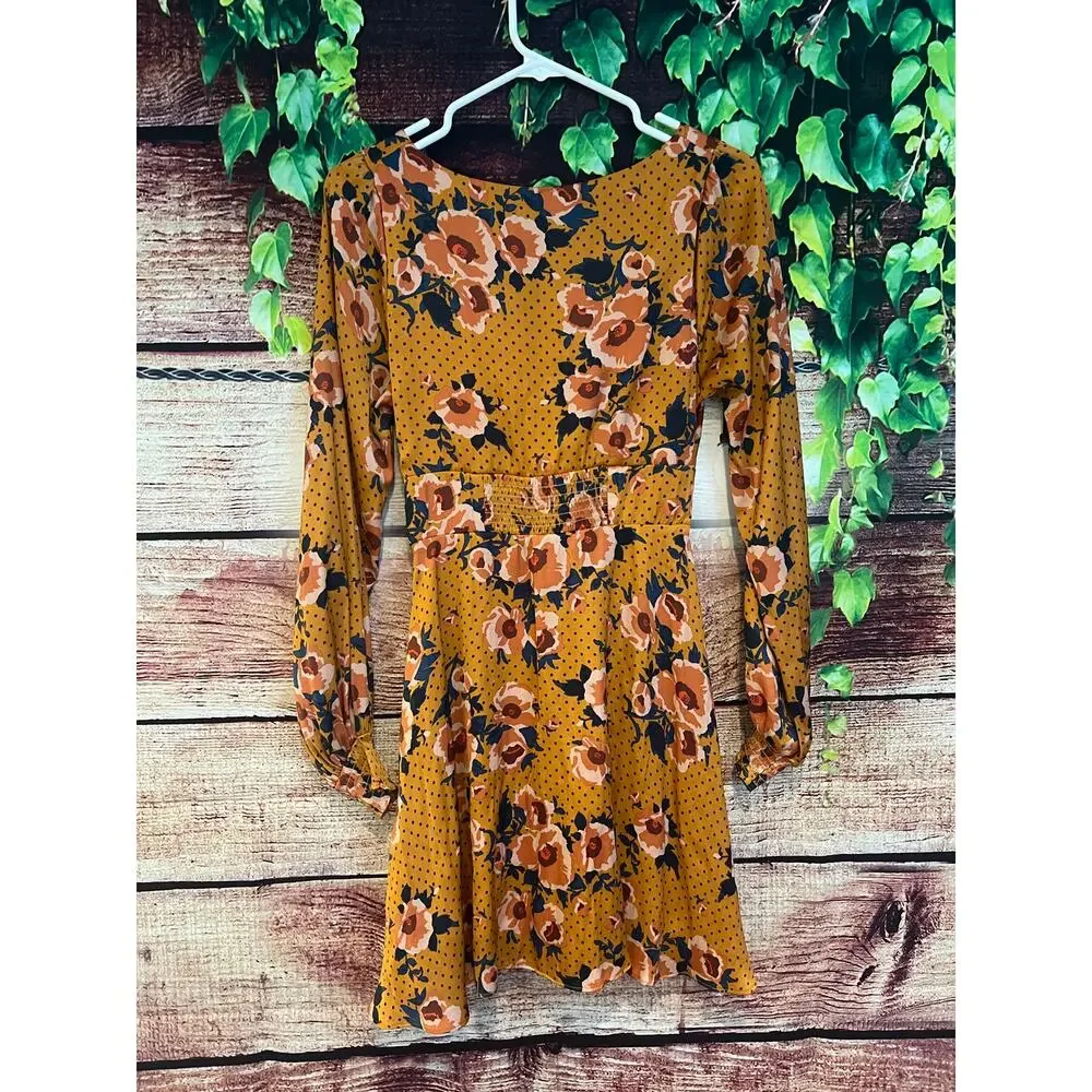 Free People Morning Light Floral Mini Dress in Yellow Gold Orange Womens Size 6